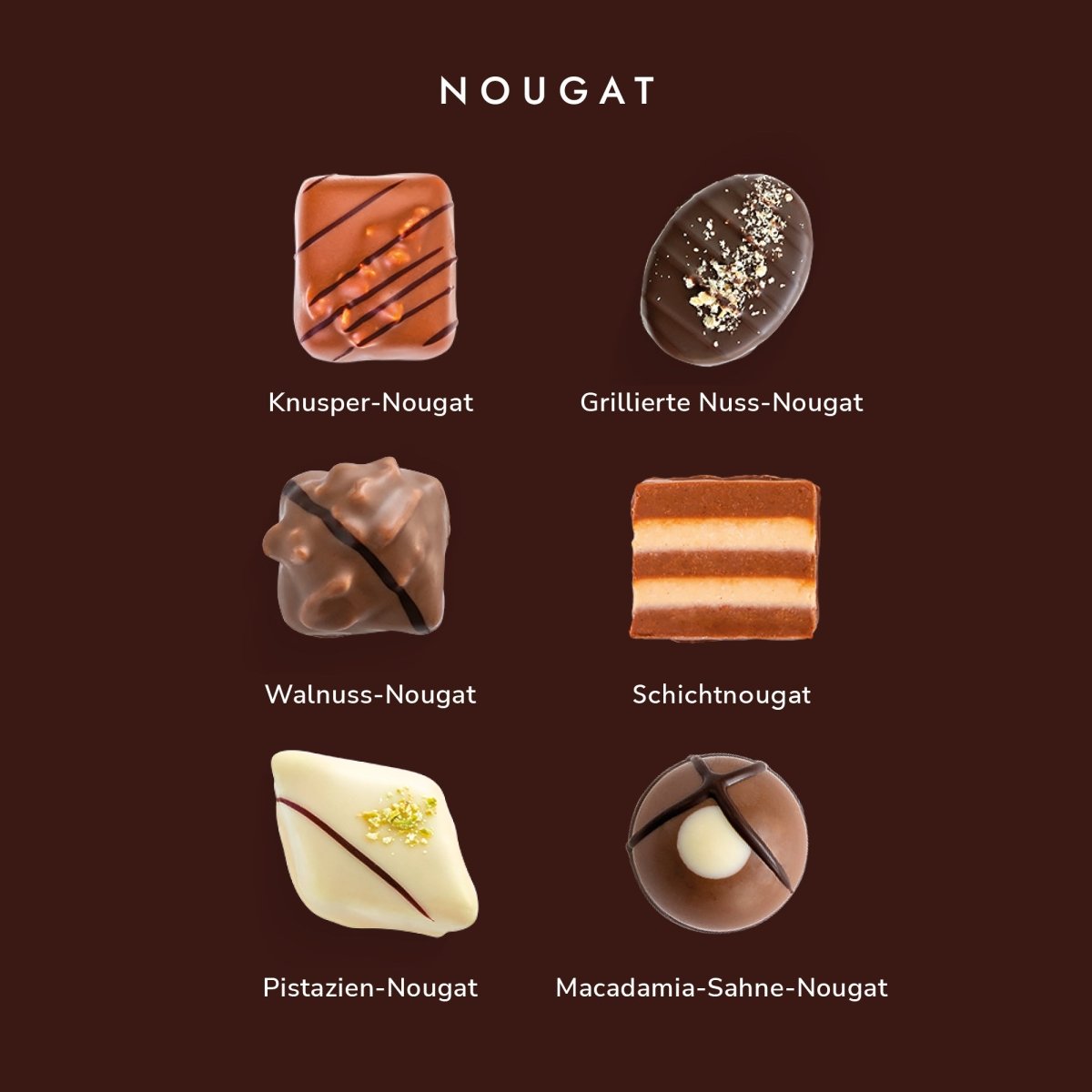Sechs verschiedene Nougat-Pralinen auf braunem Hintergrund, darunter Knusper-, Walnuss- und Pistazien-Nougat.