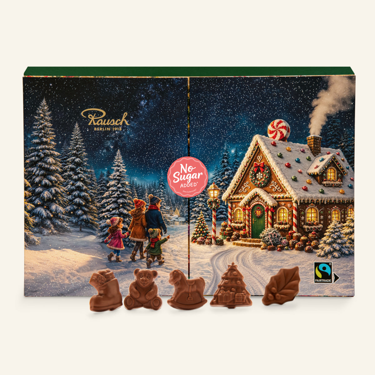 Grüner Adventskalender mit handwerklich geformten, zuckerfreien Schokoladenfiguren und winterlicher Waldszene. - Rausch