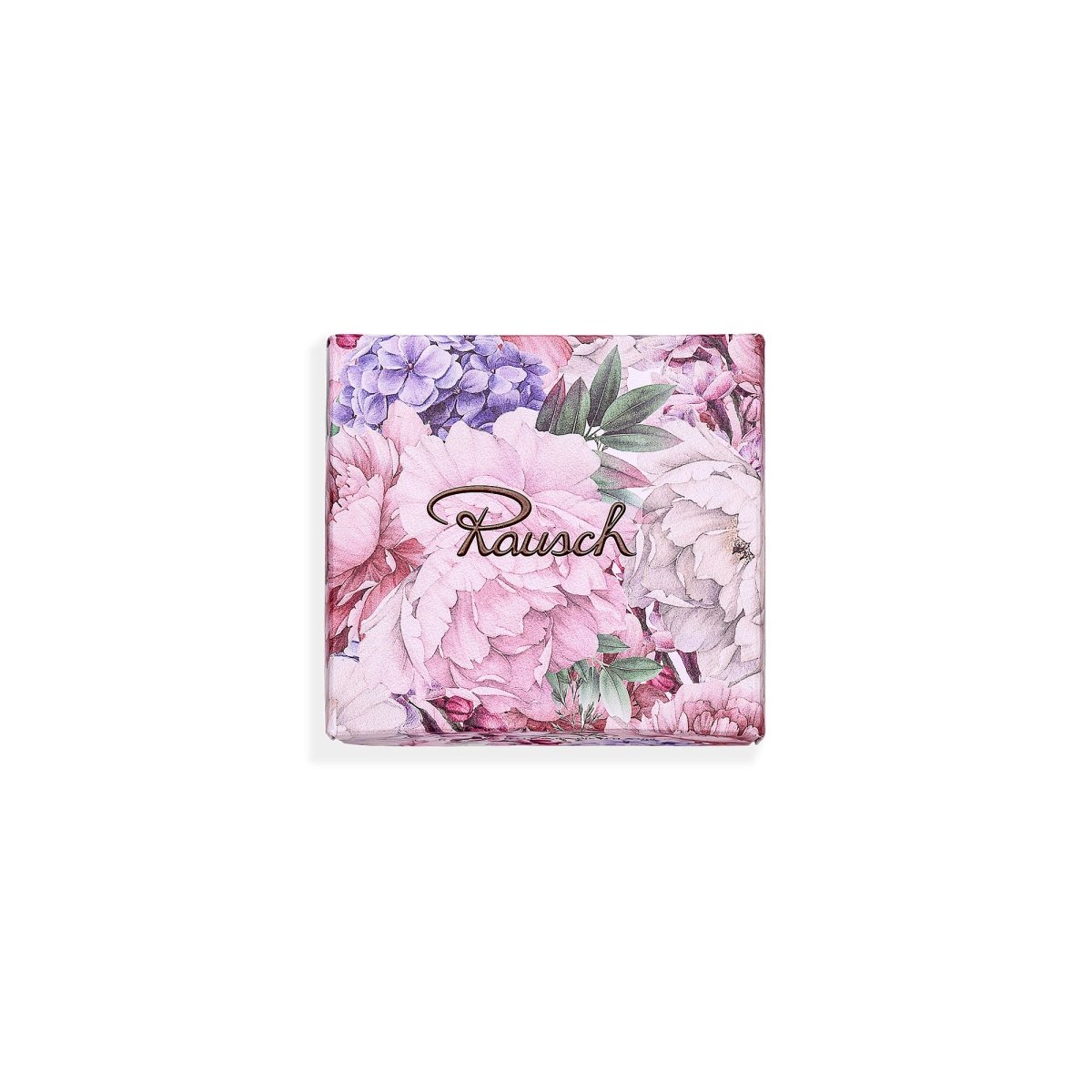 Rausch Pralinenverpackung mit floralem Design in Rosa und Lila.