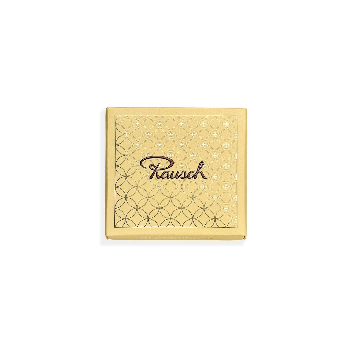 Elegante Verpackung der Rausch Pralinen alkoholfrei, goldfarbenes Design mit geometrischem Muster.