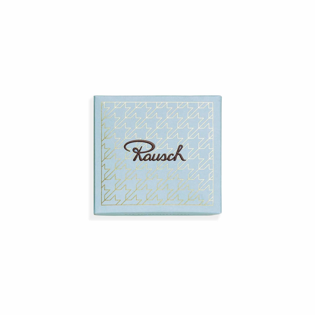 Elegante Rausch Pralinenschachtel mit hellblauem Muster und goldenem Schriftzug auf weißem Hintergrund.