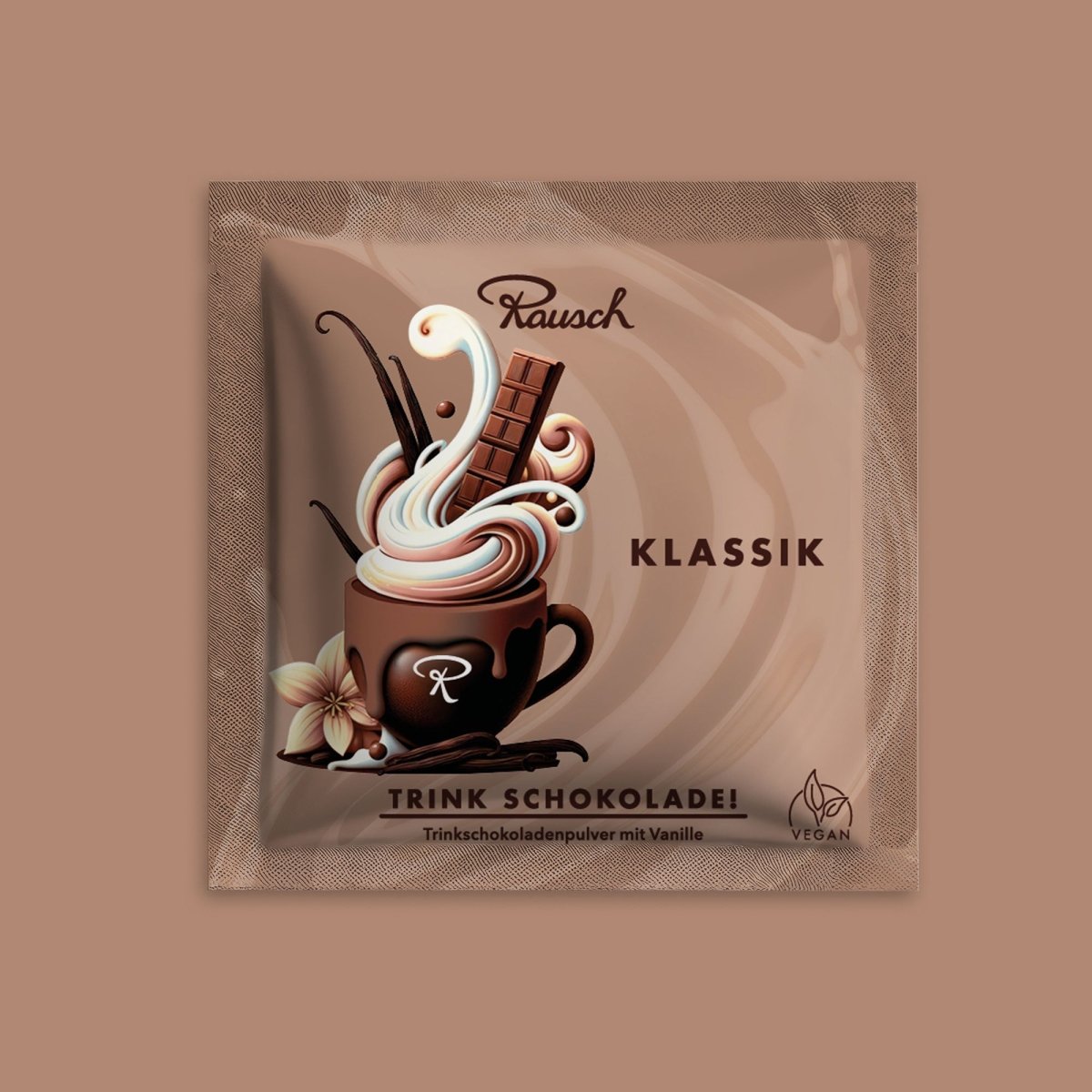 Verpackung von Rausch Klassik Trinkschokolade mit Vanille, veganes Label, stilvolles Design mit Kakaotasse.