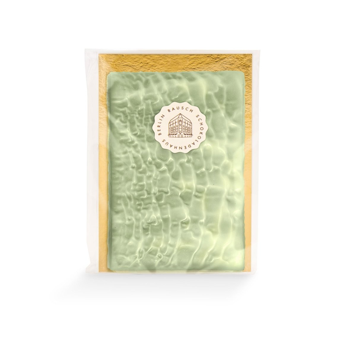Verpackte Rausch Schokolade Matcha Tafel mit grünem, wellenartigem Muster und goldener Rückseite.