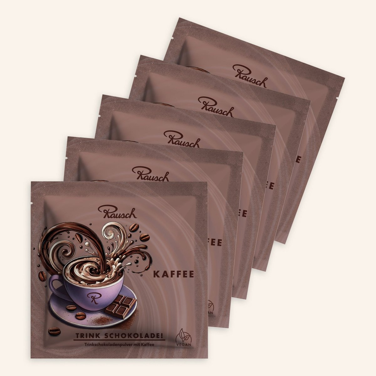 Fünf Packungen Rausch Trinkschokolade Kaffee mit grafischem Design einer Kaffeetasse und Schokoladespritzer.
