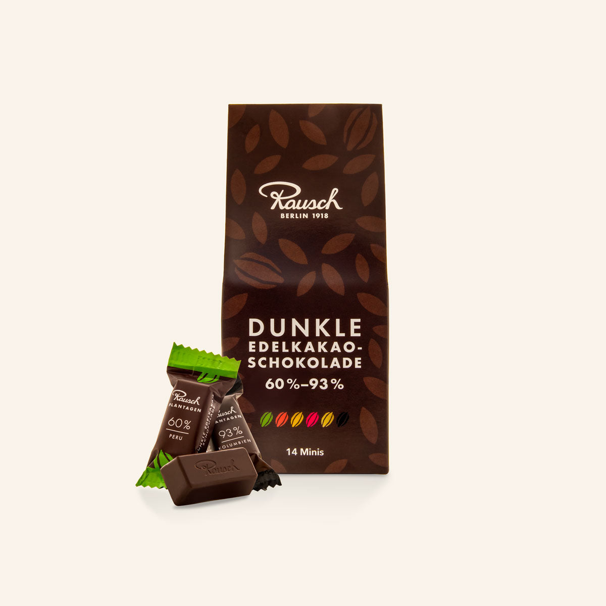 Schwarze Verpackung mit Kakaobohnen-Design, handwerkliche dunkle Schokolade 60-93% Kakao. - Rausch