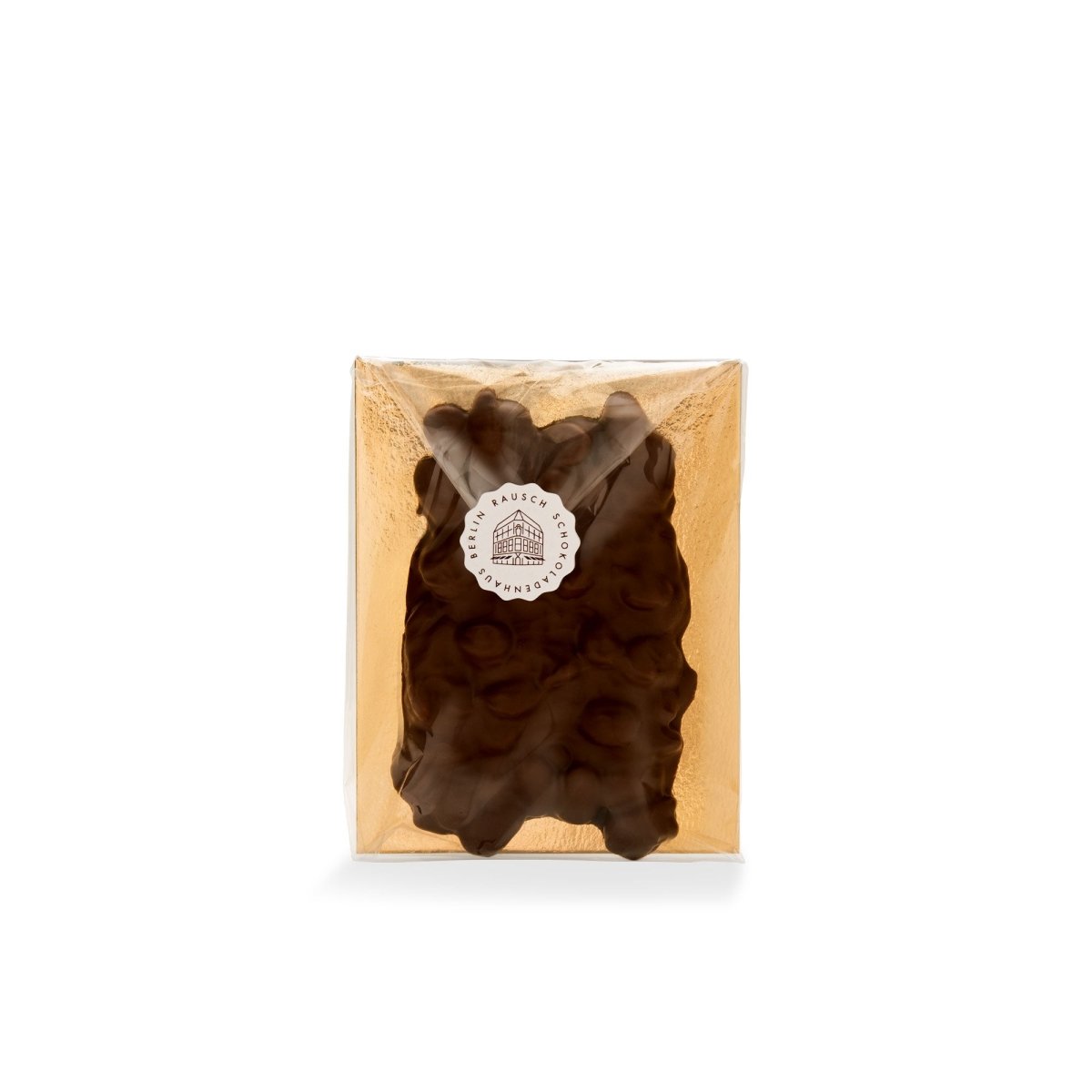 Verpackte dunkle Schokolade mit ganzen Mandeln, Rausch Schokolade, goldene Verpackung, runde Siegelaufschrift.