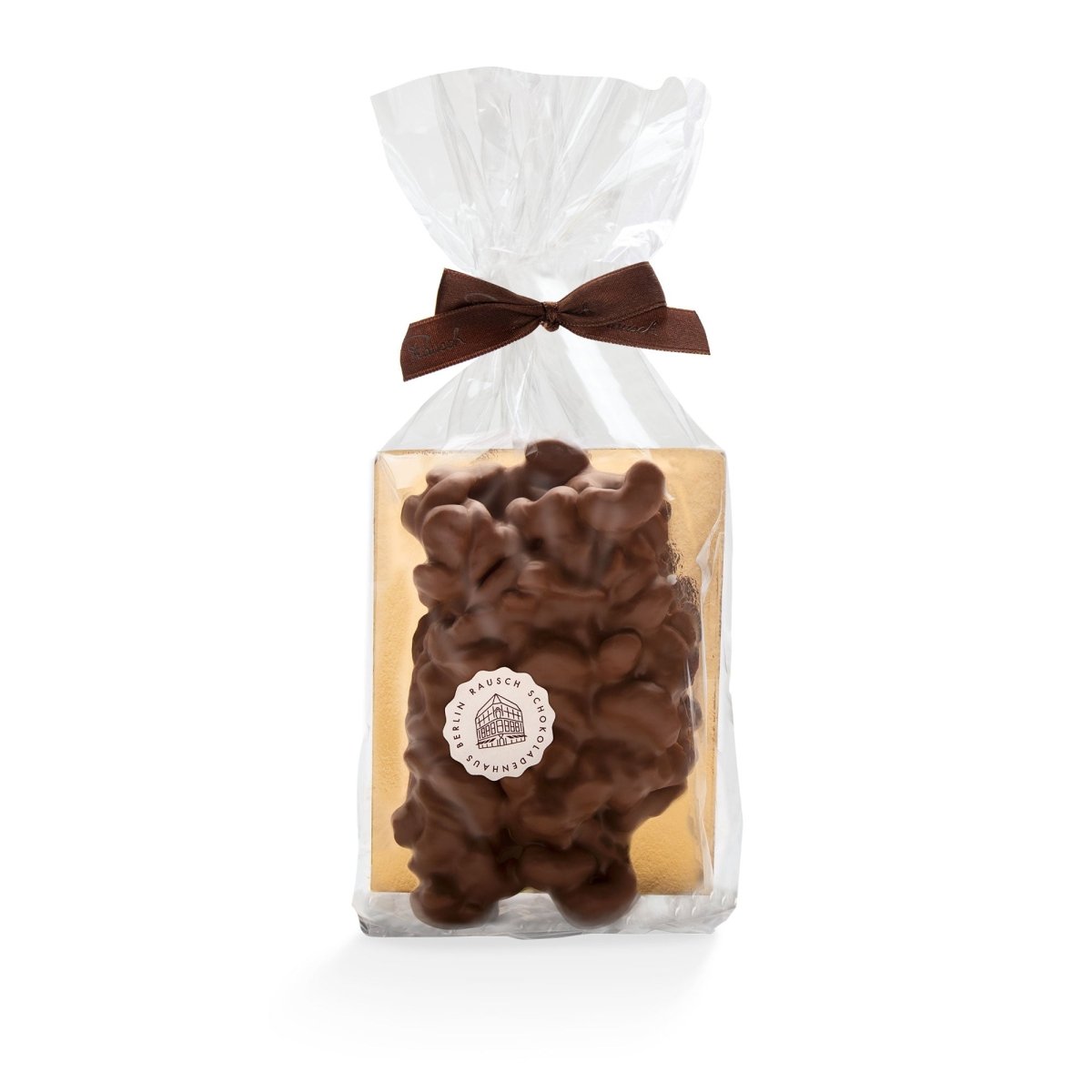 Verpackte Cashew-Schokolade mit brauner Schleife, Rausch-Logo.
