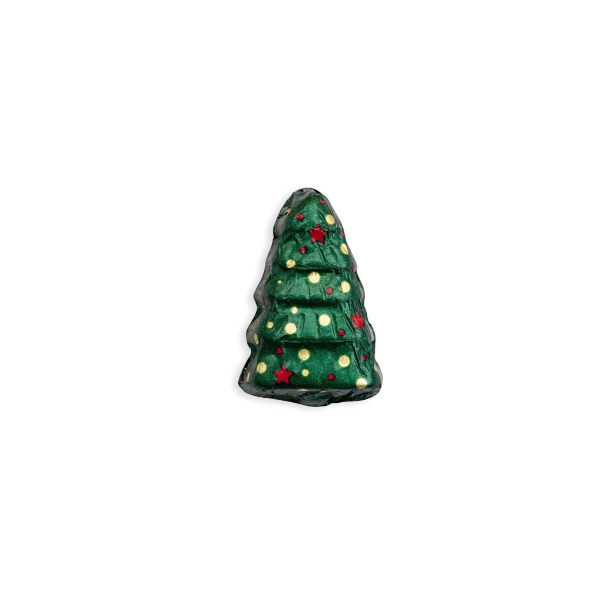 Weihnachtlich verzierte Schokoladentanne mit bunten Sternen auf weißem Hintergrund.