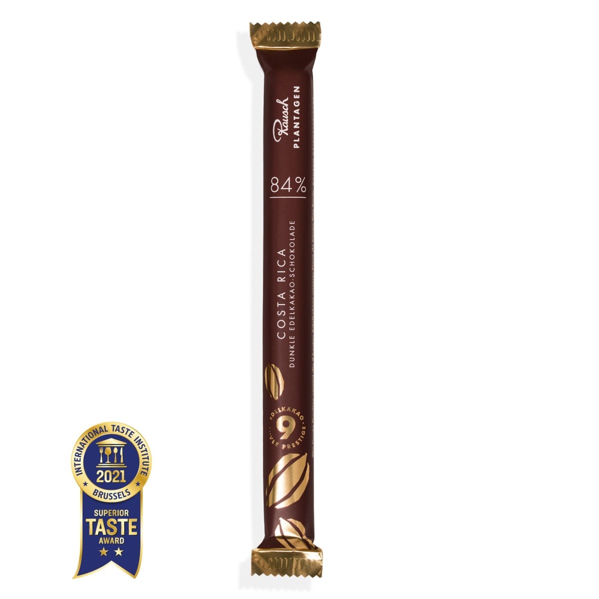 Schokoladenriegel mit 84% Kakao aus Costa Rica, Rausch Plantagen, mit Belgischem Superior Taste Award 2021.