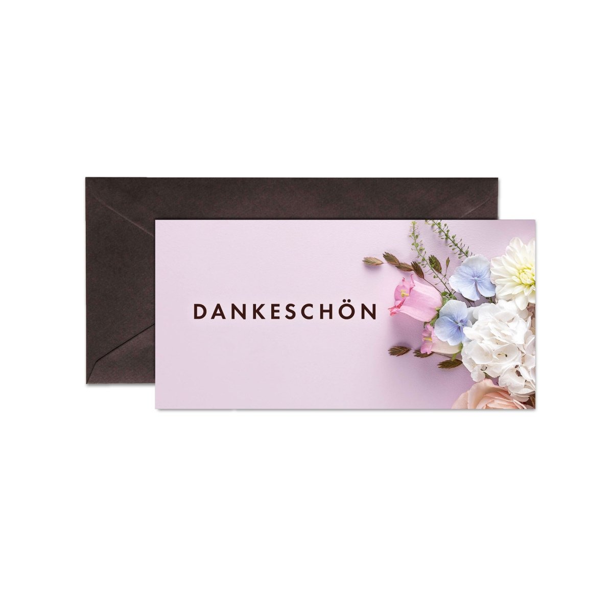 Dankeskarte mit Blumenmotiv und schwarzem Umschlag, Text "Dankeschön" auf rosa Hintergrund.