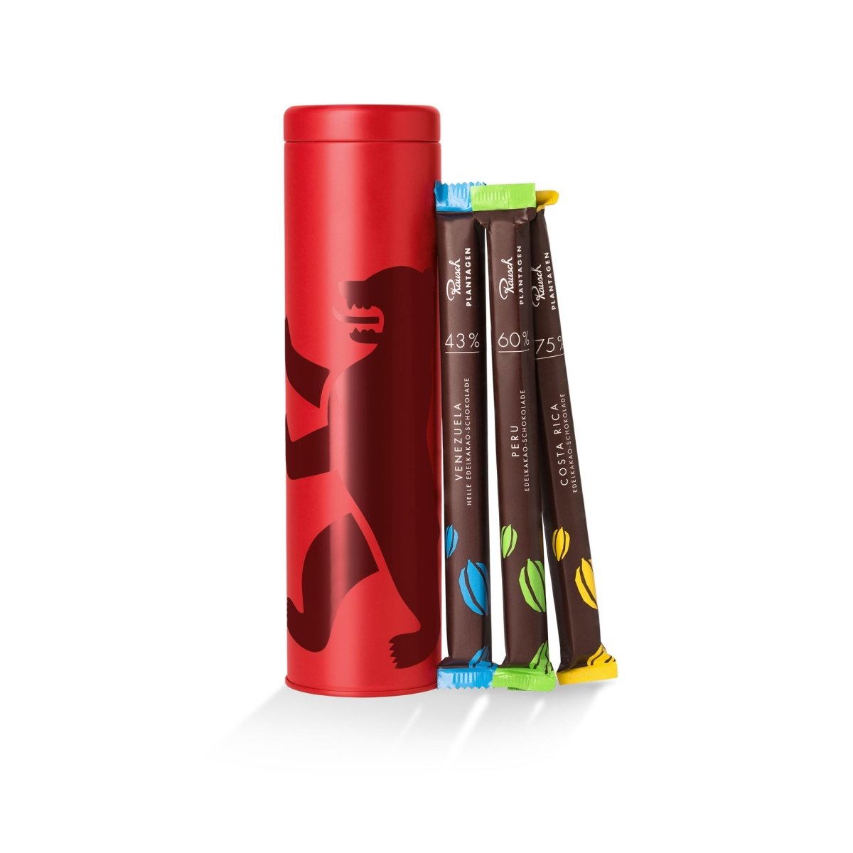 Rote Dose mit Rausch-Schokoladensticks in bunten Verpackungen, enthält Sorten mit verschiedenen Kakaoanteilen.