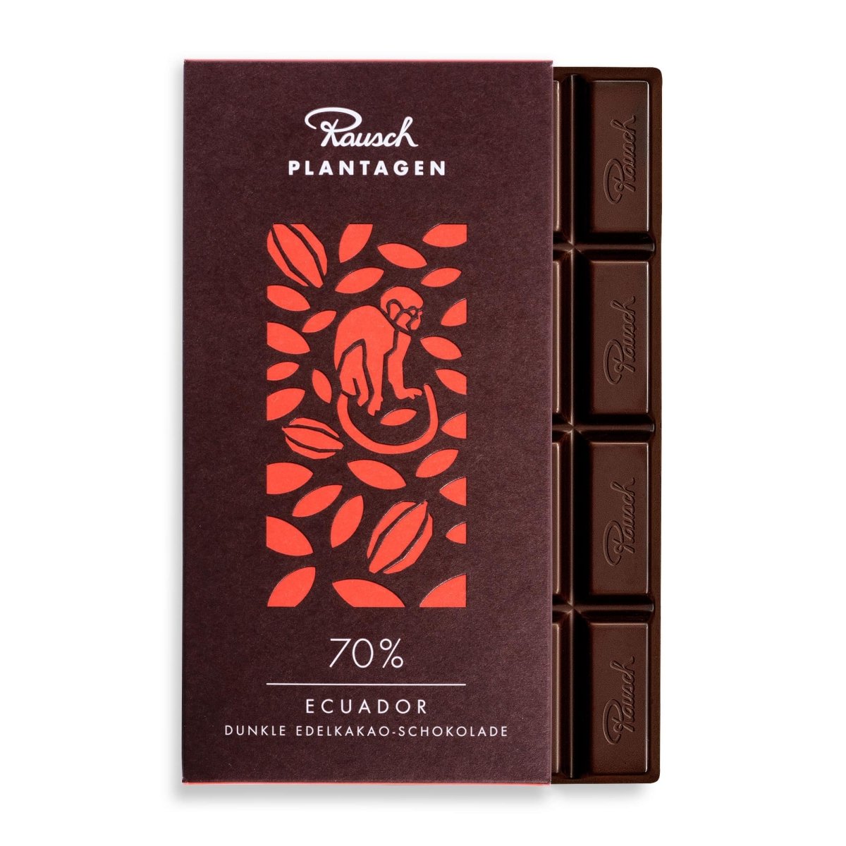 Rausch Ecuador 70% Dunkle Edelkaakao-Schokolade mit stilisiertem Affen und Kakaomotiven auf der Verpackung.
