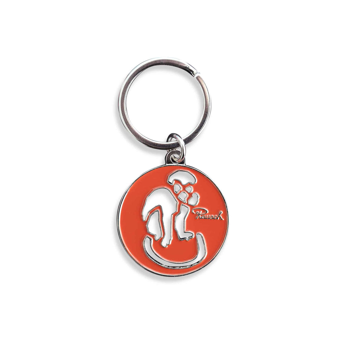 Roter Schlüsselanhänger mit Affenmotiv und Rausch-Logo, kreisförmig und aus Metall.