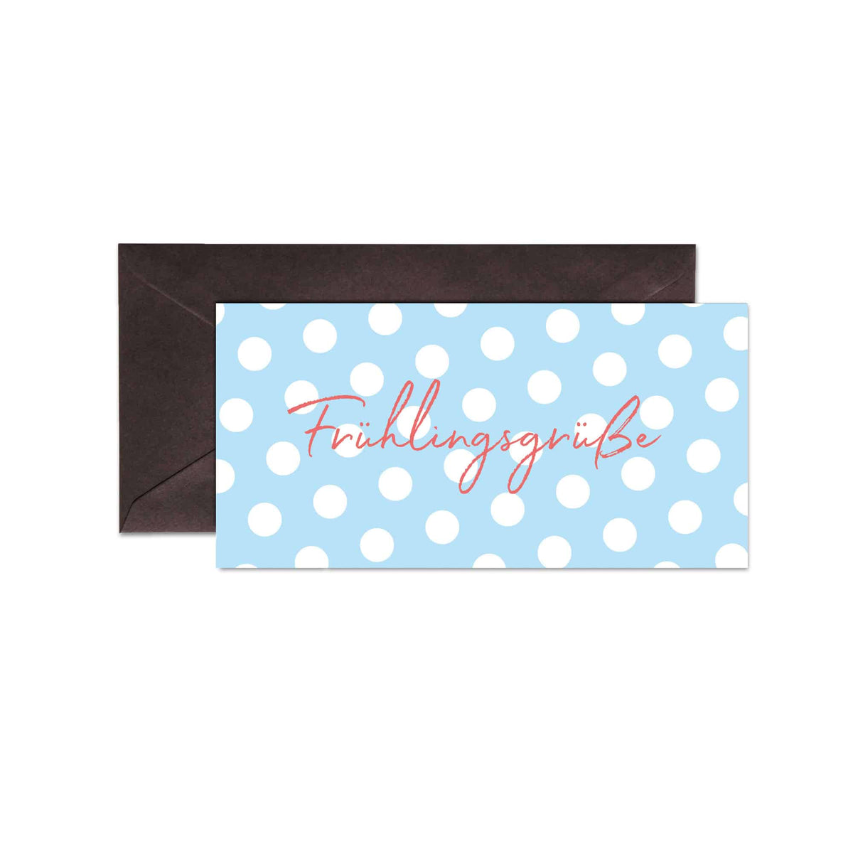 Brauner Umschlag mit blau-weiß gepunkteter Karte, "Frühlingsgrüße" in roter Schrift.