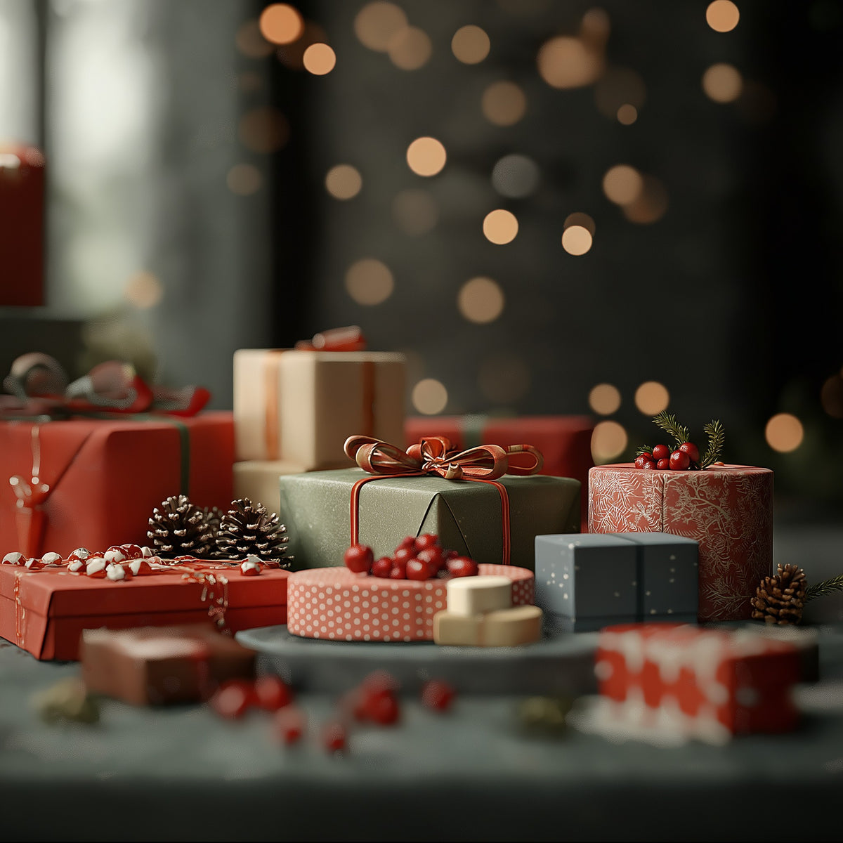 Festlich verpackte Geschenke mit Schleifen und Tannenzapfen, bokeh Lichter im Hintergrund, weihnachtliche Stimmung.