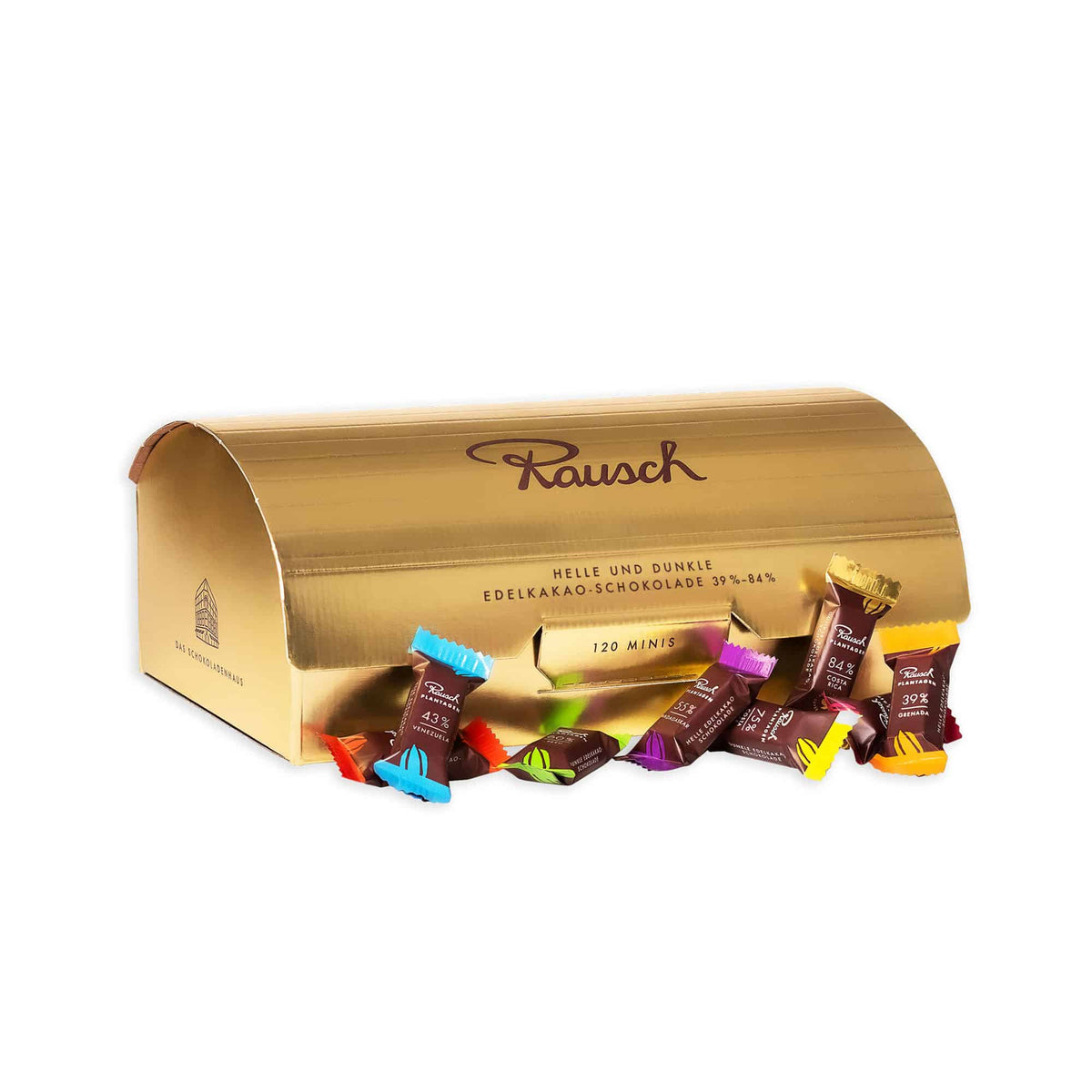 Goldene Box mit edler Schokolade von Rausch, bunte Minis, Auswahl heller und dunkler Sorten.