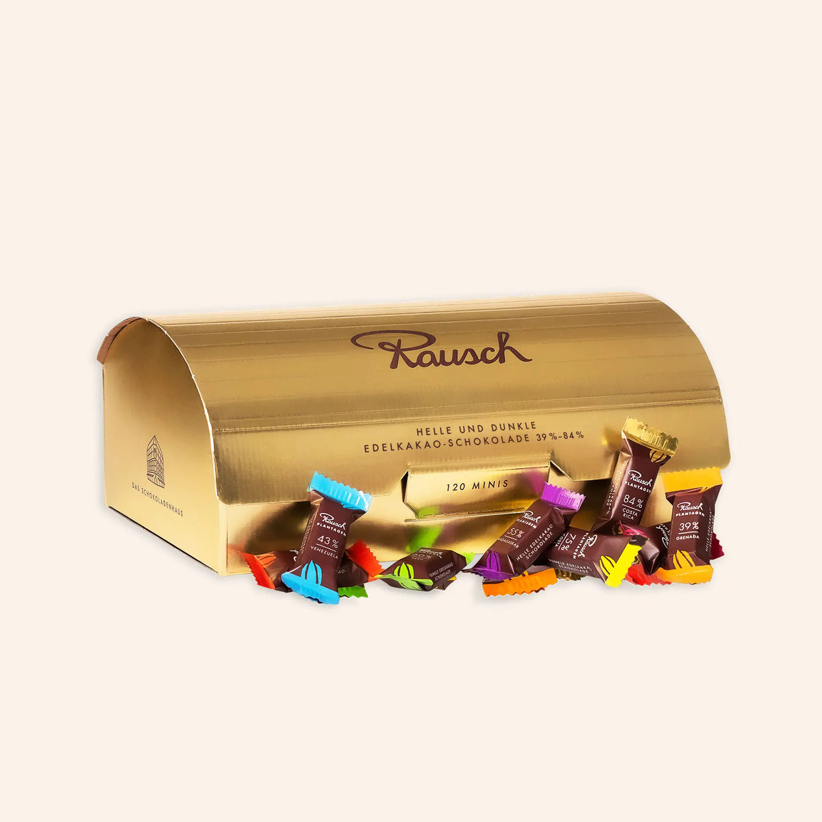 Goldene Rausch-Schokoladenbox mit verschiedenen Mini-Schokoladen in bunten Verpackungen, 120 Stück.