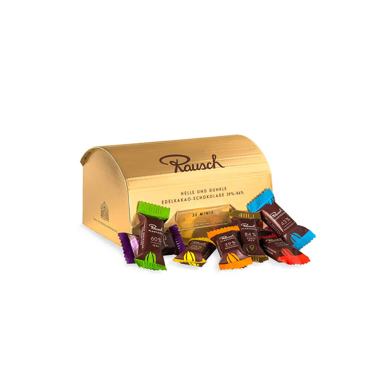 Goldene Rausch-Box mit verschiedenen Minis in bunten Verpackungen, sortiert nach Schokoladensorten.