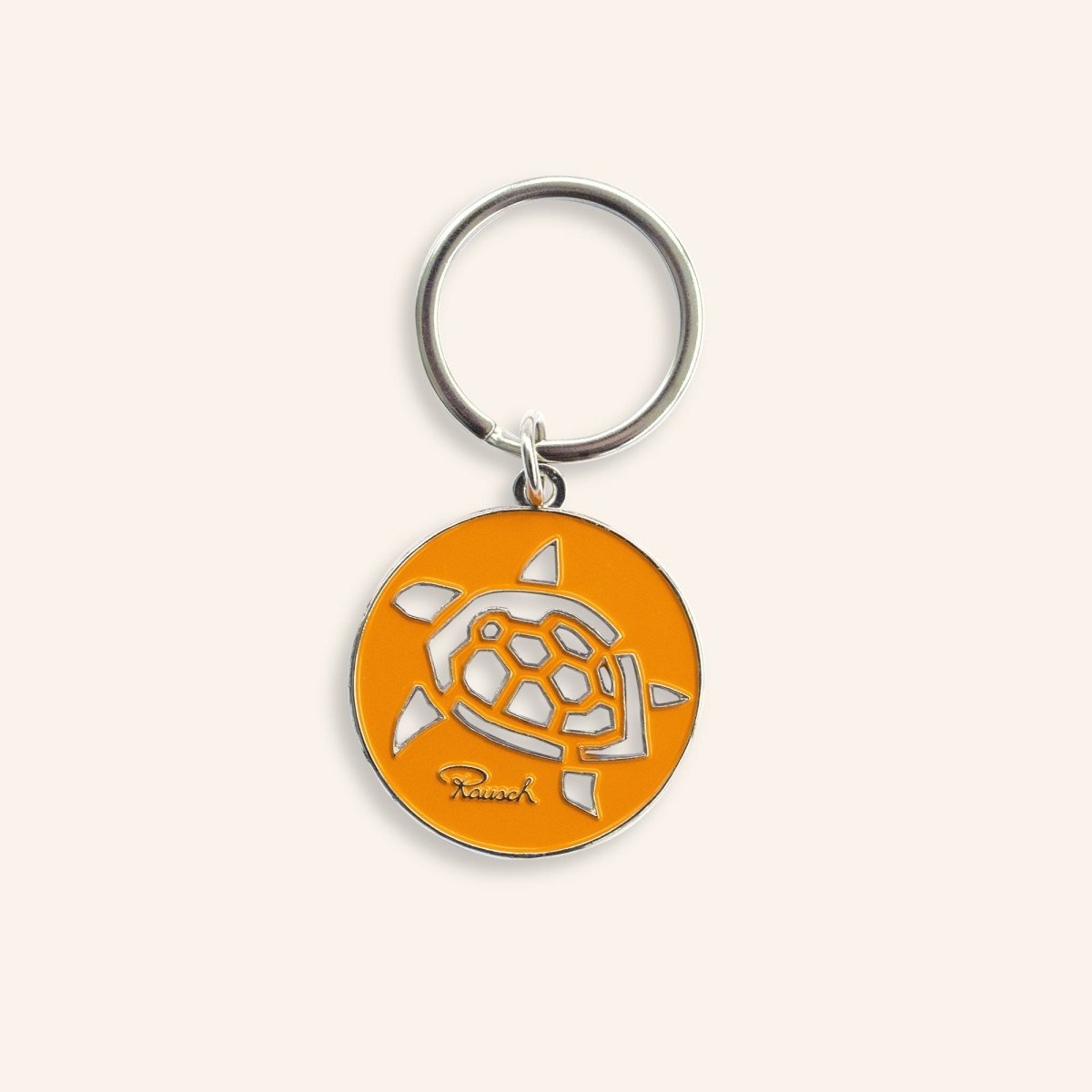 Schlüsselanhänger mit orangefarbenem Anhänger in Form einer Schildkröte, Rausch-Logo darunter.