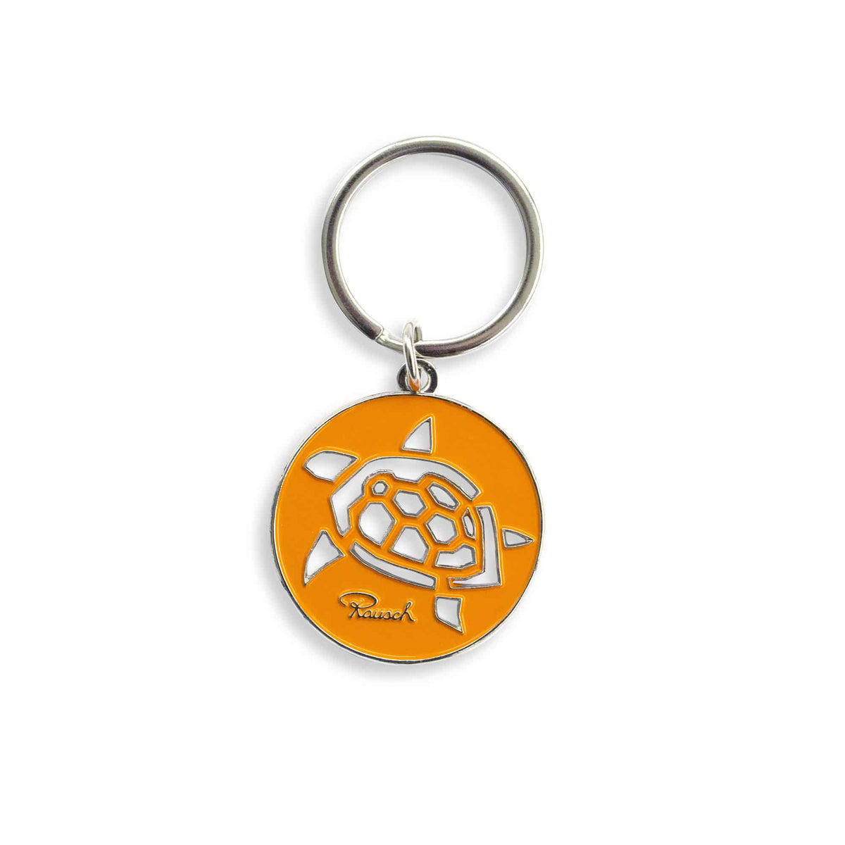 Schlüsselanhänger mit orangefarbenem Schildkröten-Motiv und Rausch-Logo. Rund und silber umrandet.