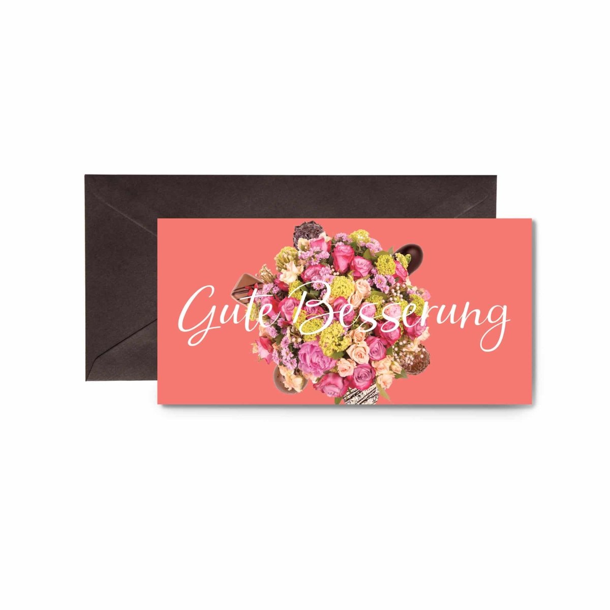Schokoladengrußkarte mit Blumenmotiv und Aufschrift 'Gute Besserung', passende schwarze Umschlag im Hintergrund.