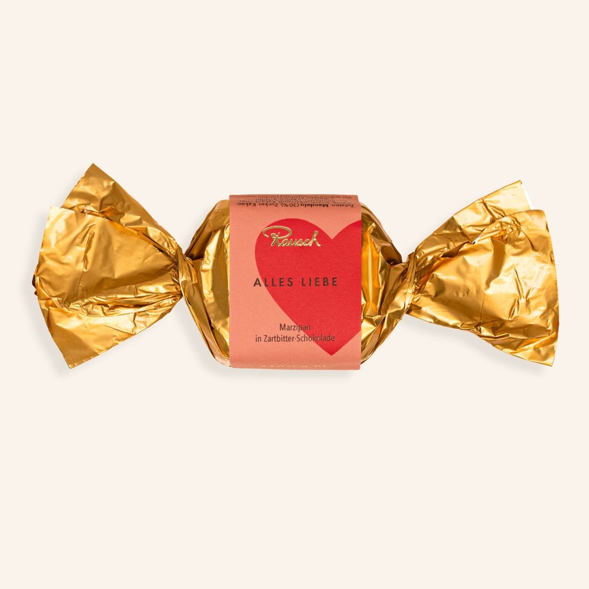 Rausch Alles Liebe Marzipan-Happen in goldener Folie verpackt.