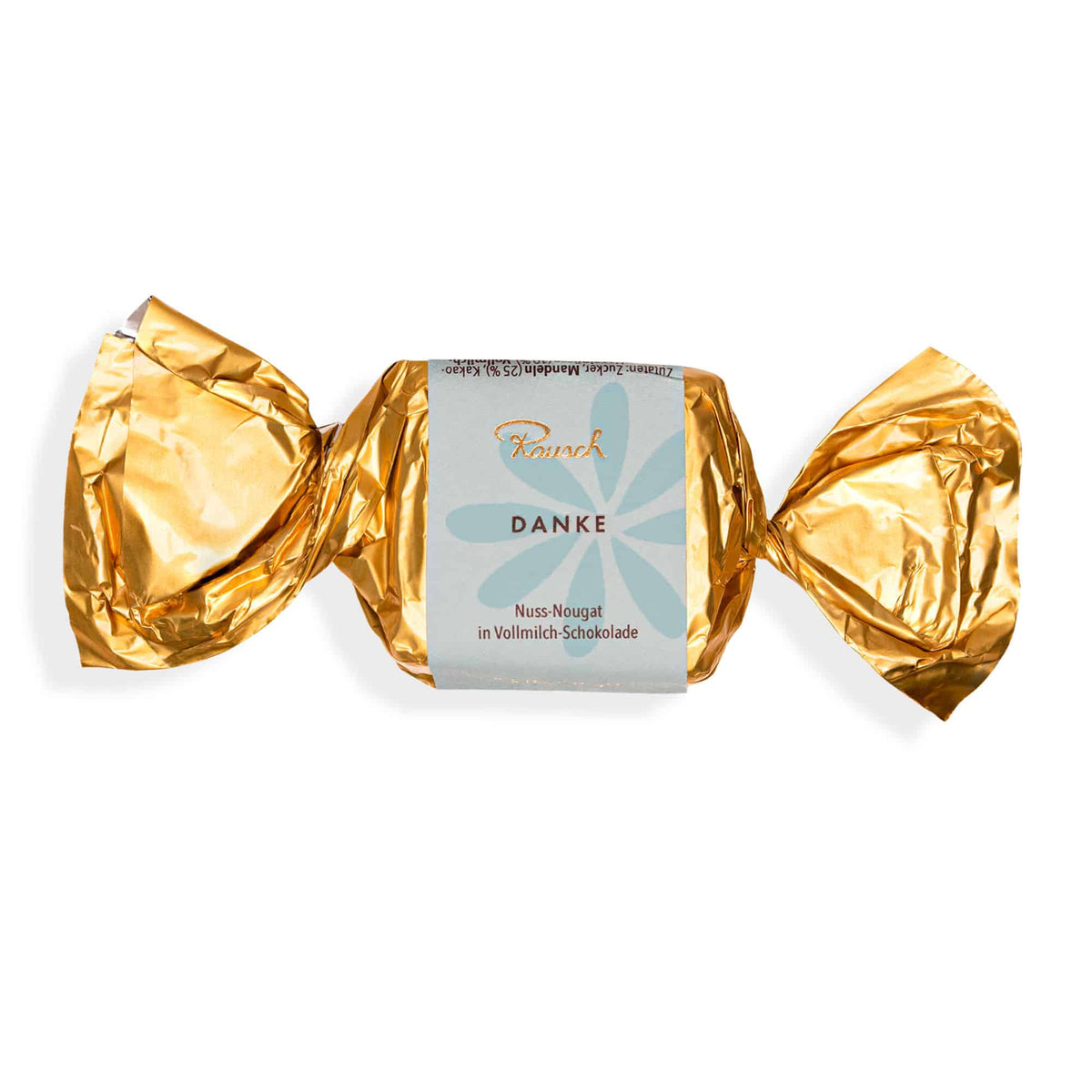 Goldene Schokoladenverpackung von Rausch mit der Aufschrift "Danke", enthält Nuss-Nougat in Vollmilchschokolade.