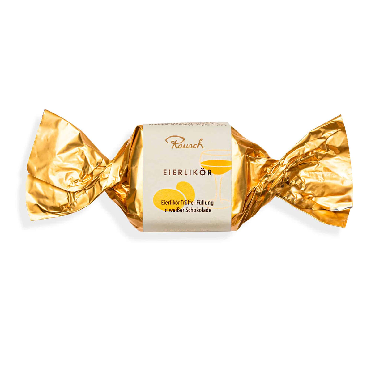 Eierlikör-Happen in goldener Folie von Rausch, weiße Schokolade, 25g.