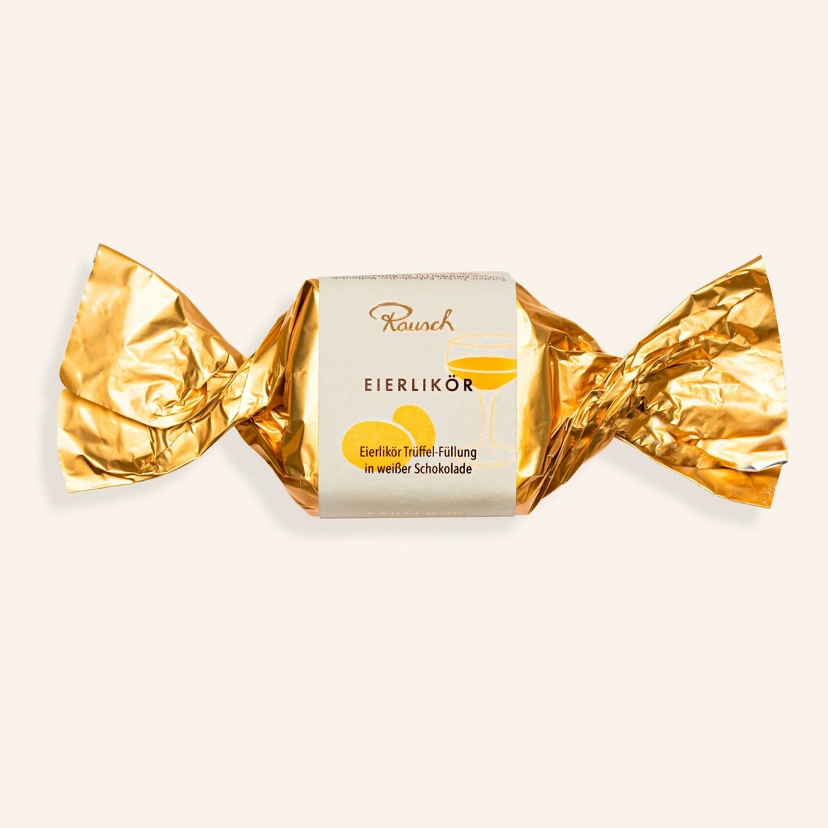Rausch Eierlikör-Happen in goldener Folie, gefüllt mit Eierlikör-Creme und weißer Schokolade, 25g.