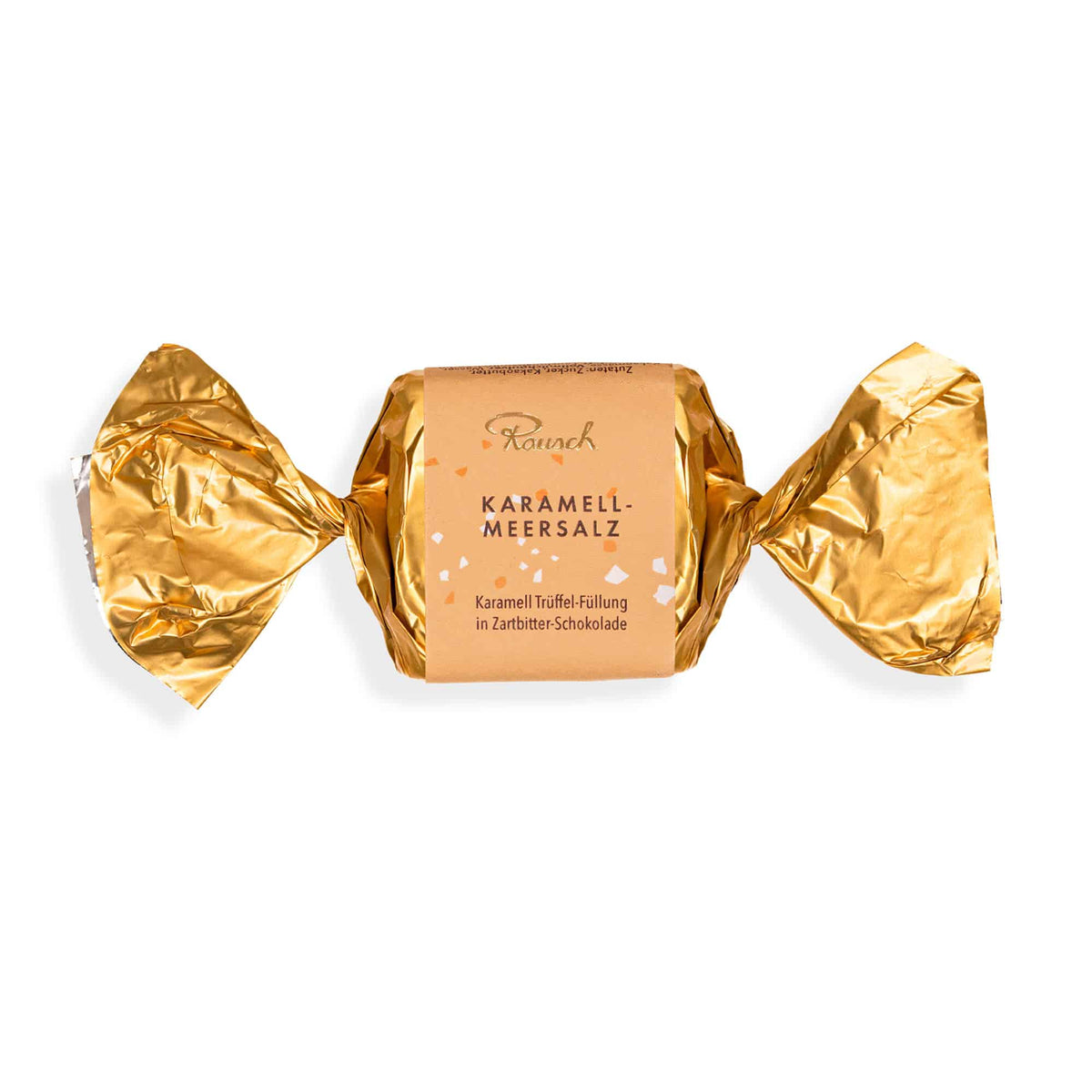 Gold folierter Schokoladenhappen Karamell-Meersalz aus Zartbitterschokolade von Rausch, 25g.