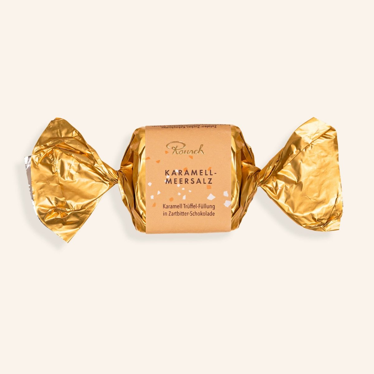 Rausch-Schokohappen Karamell-Meersalz in goldener Folie verpackt, 25g.