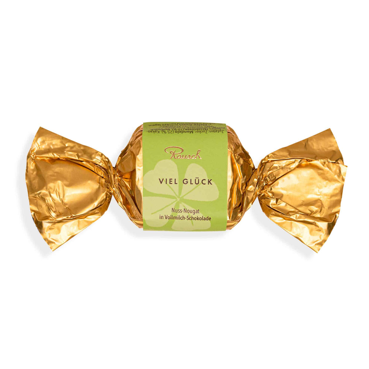 Goldverpacktes Schokoladenkonfekt mit grünem "Viel Glück"-Etikett, Nuss-Nougat in Vollmilch-Schokolade.