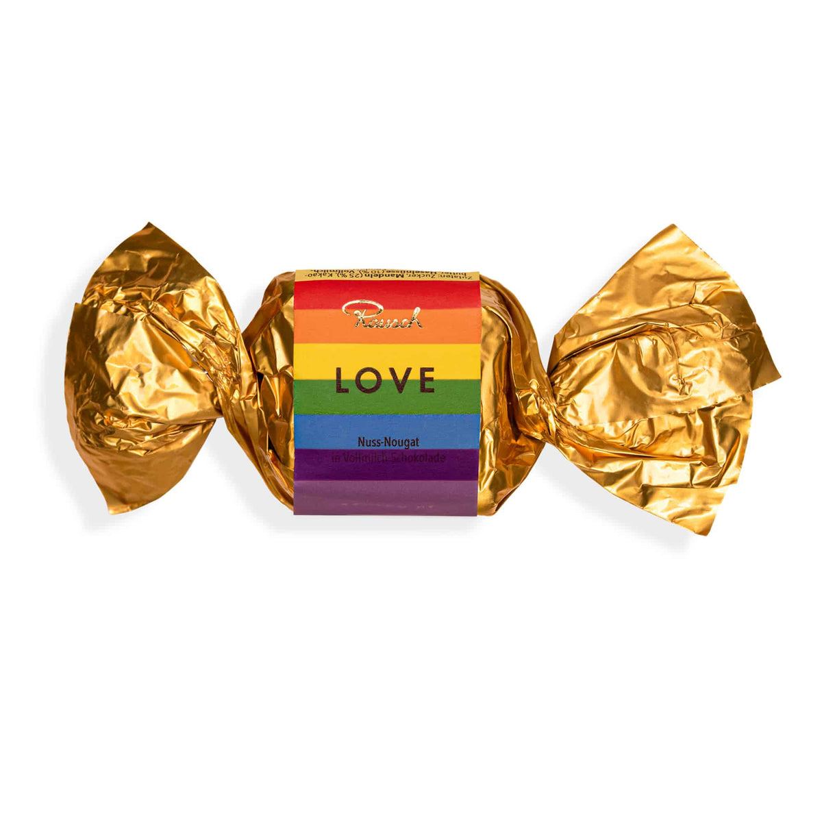 Gold verpackter Nougathappen mit Regenbogenflagge und der Aufschrift "LOVE Nuss-Nougat".