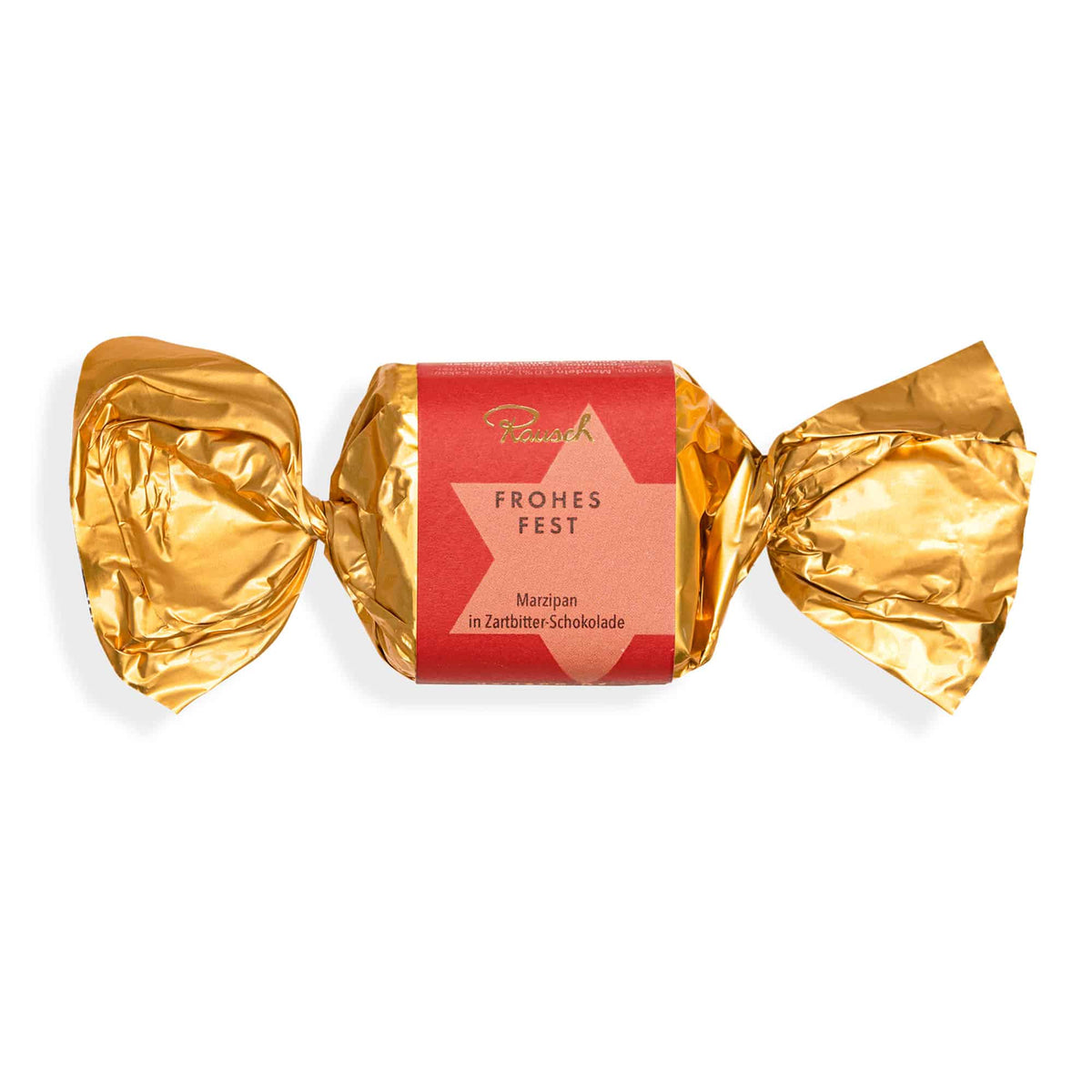 Goldverpacktes Rausch-Marzipan in Zartbitterschokolade mit rotem Etikett "Frohes Fest".