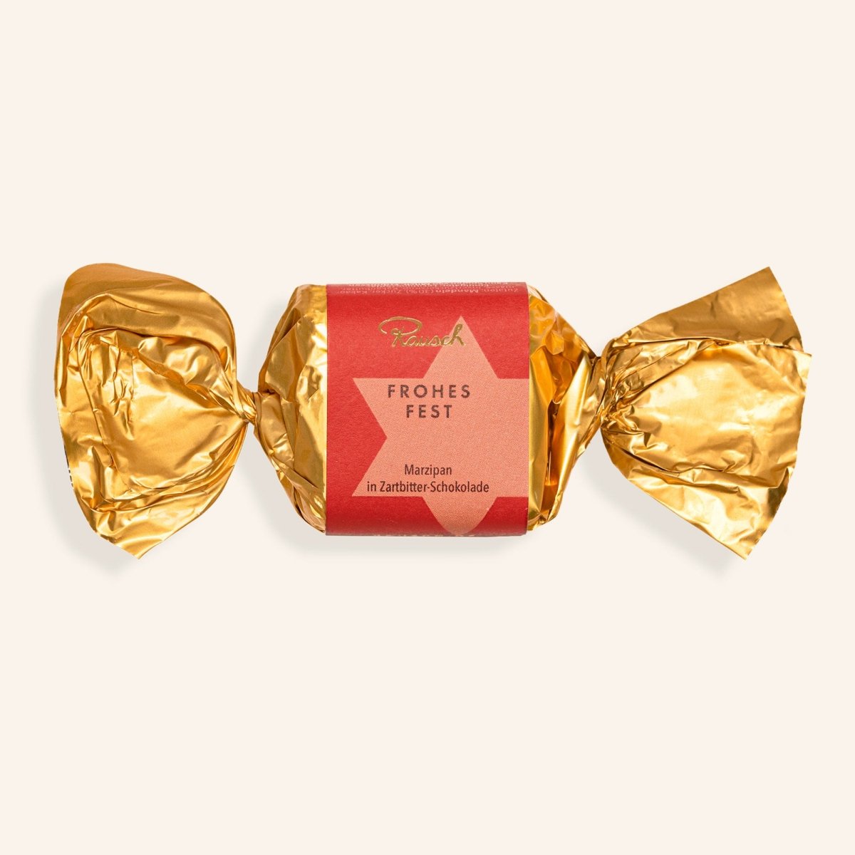 Goldverpacktes Marzipanhappen mit rotem "Frohes Fest" Etikett von Rausch in Zartbitterschokolade, 25g.