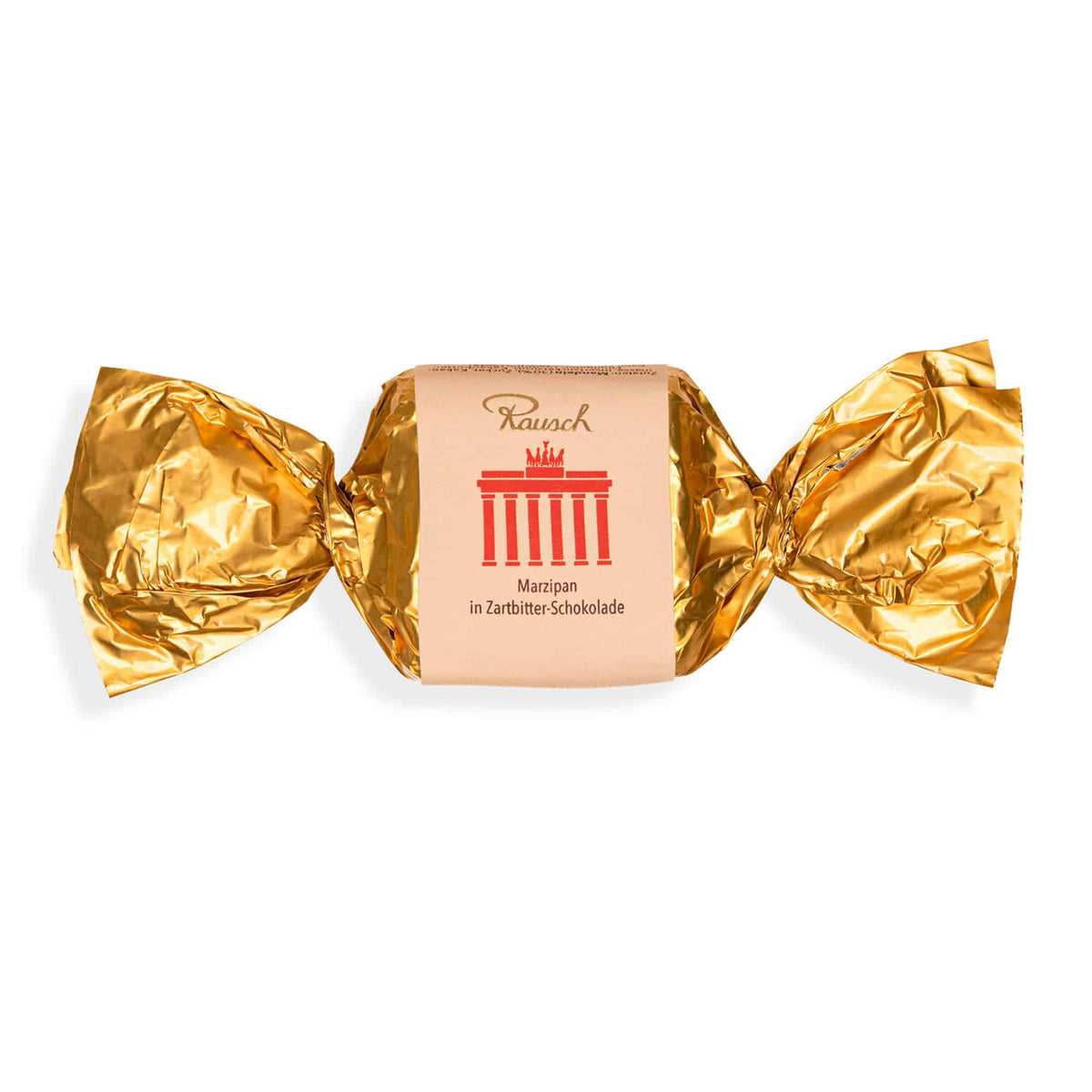 Goldene Verpackung einer Rausch Marzipanpraline in Zartbitterschokolade, geformt wie ein Bonbon.