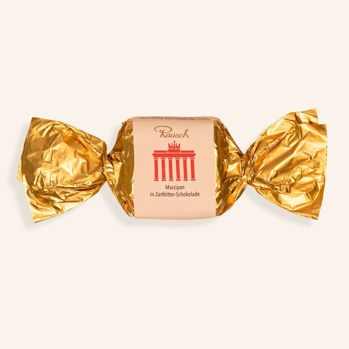 Goldene Verpackung mit Rausch-Logo, Marzipan in Zartbitterschokolade, 25g Happen Berlin.