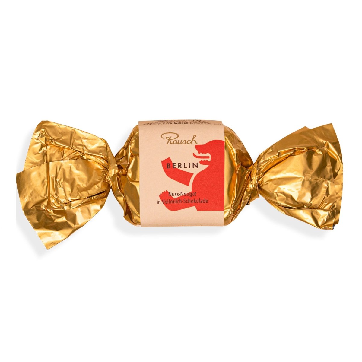 Goldene Verpackung eines Rausch Nougat-Schokohappens mit Bärenmotiv und Schriftzug "Berlin".