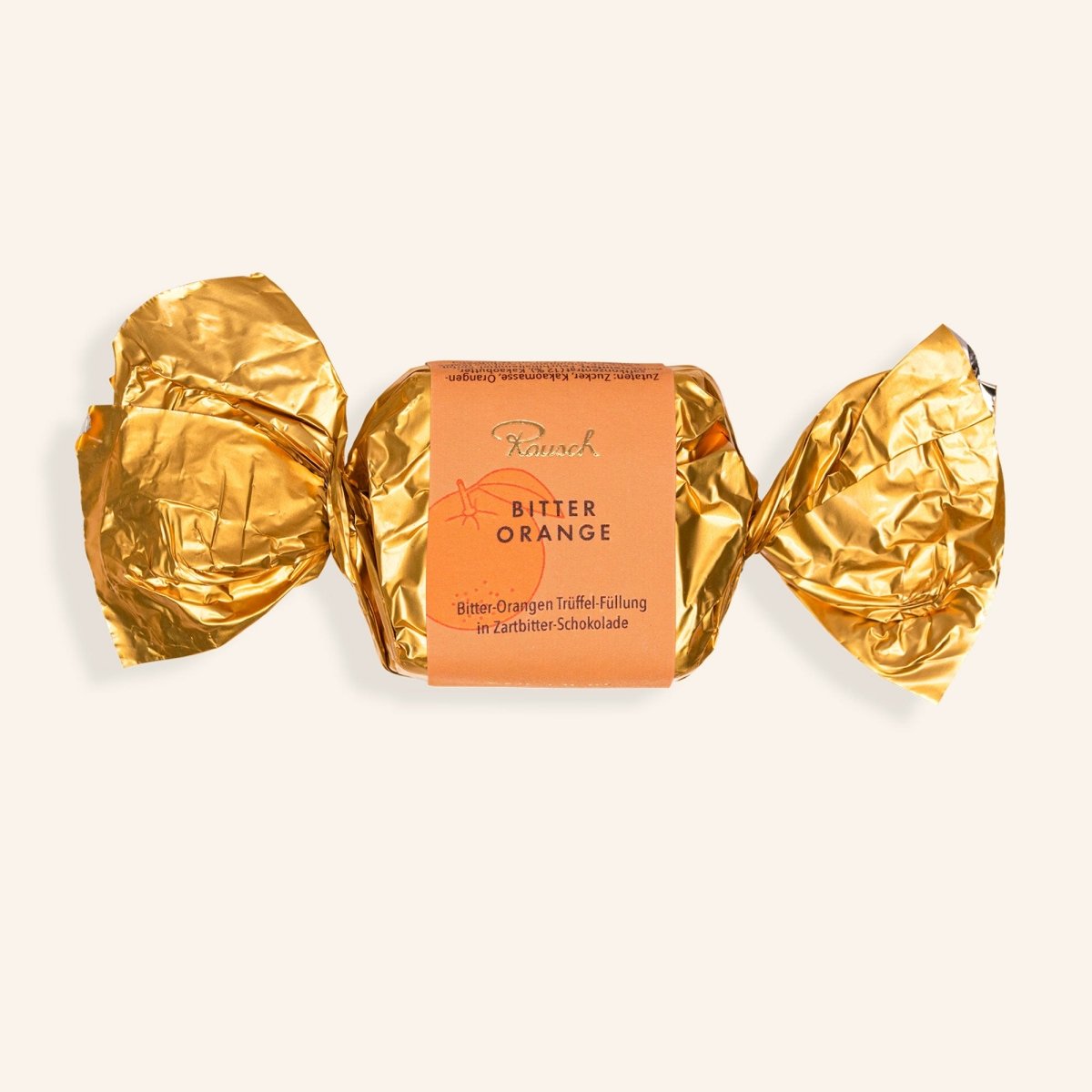 Goldverpackter Rausch Bitter-Orange Schokohappen mit zarter Füllung, 25g.