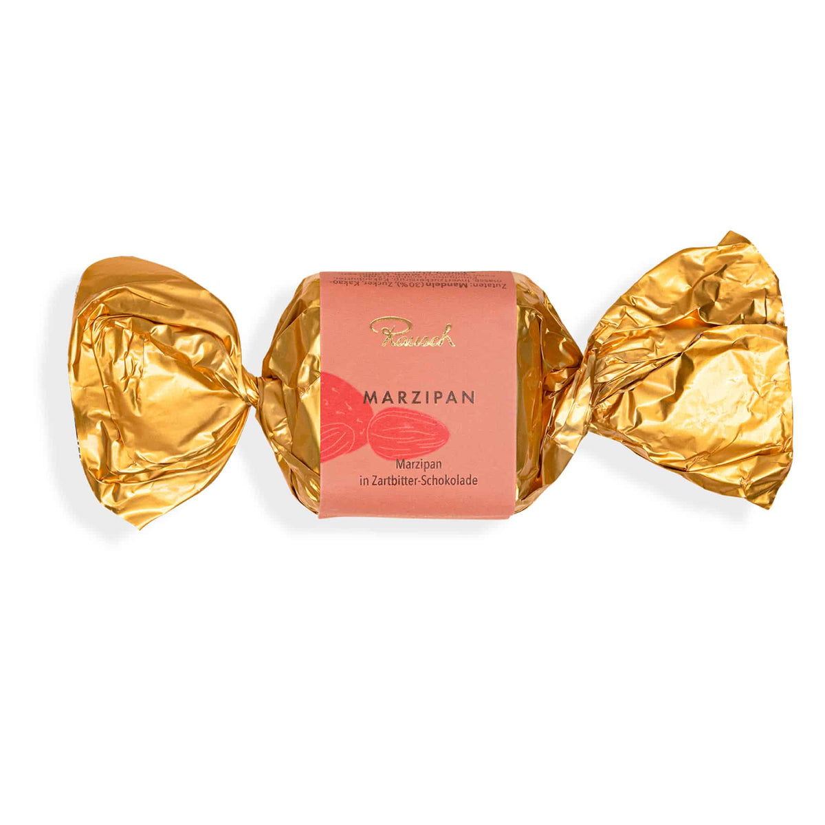 Goldene Happen mit Edelmarzipan, umhüllt von Zartbitterschokolade, von Rausch.