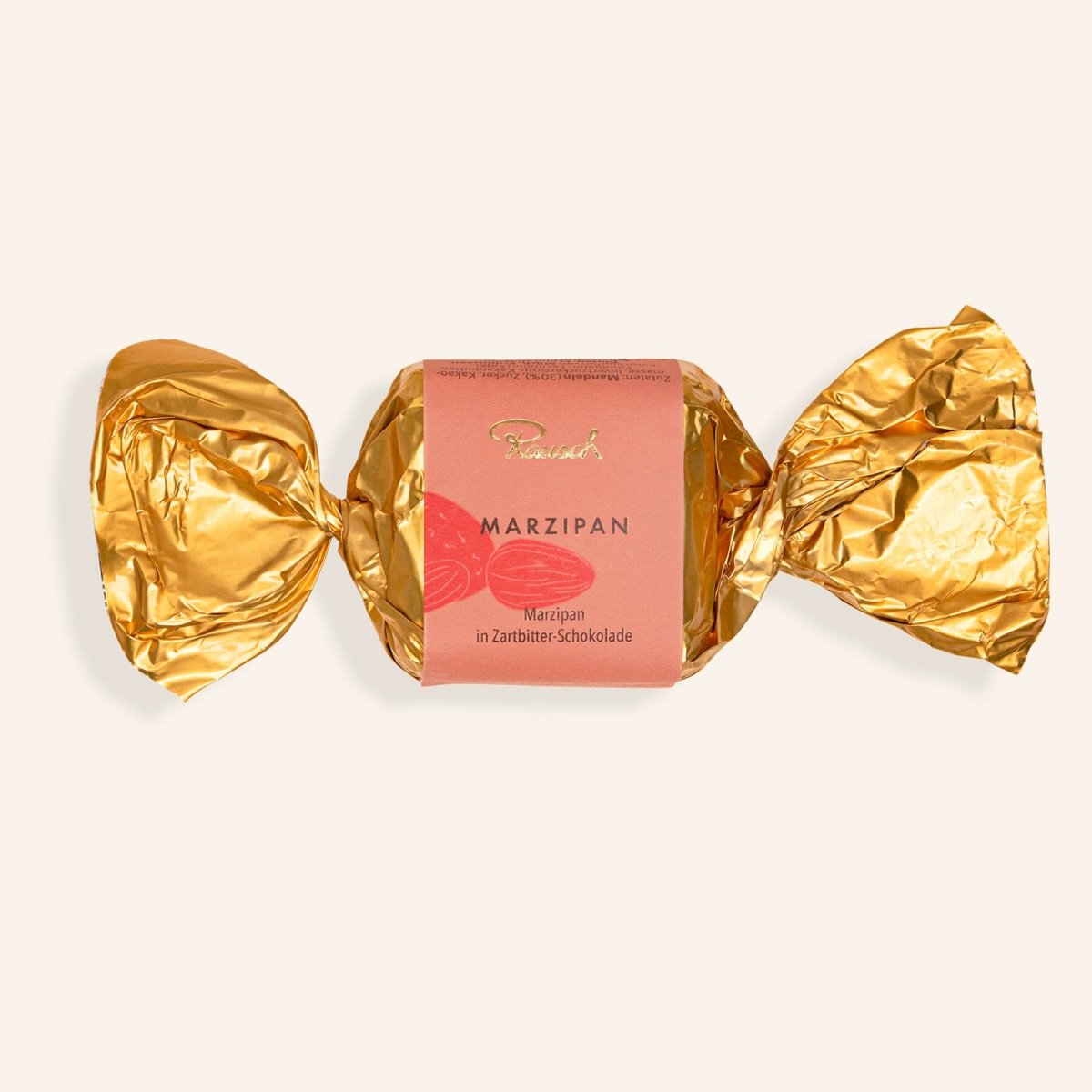 Goldene Verpackung mit Edelmarzipan umhüllt von Zartbitterschokolade, Produkt der Marke Rausch.