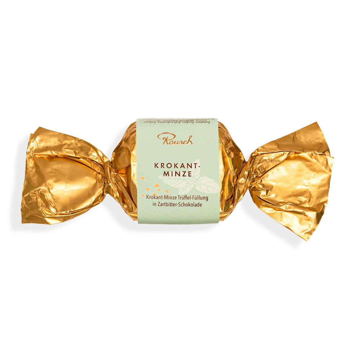 Goldene Verpackung eines Krokant-Minze Schokoladenhappens von Rausch mit zarter Füllung.