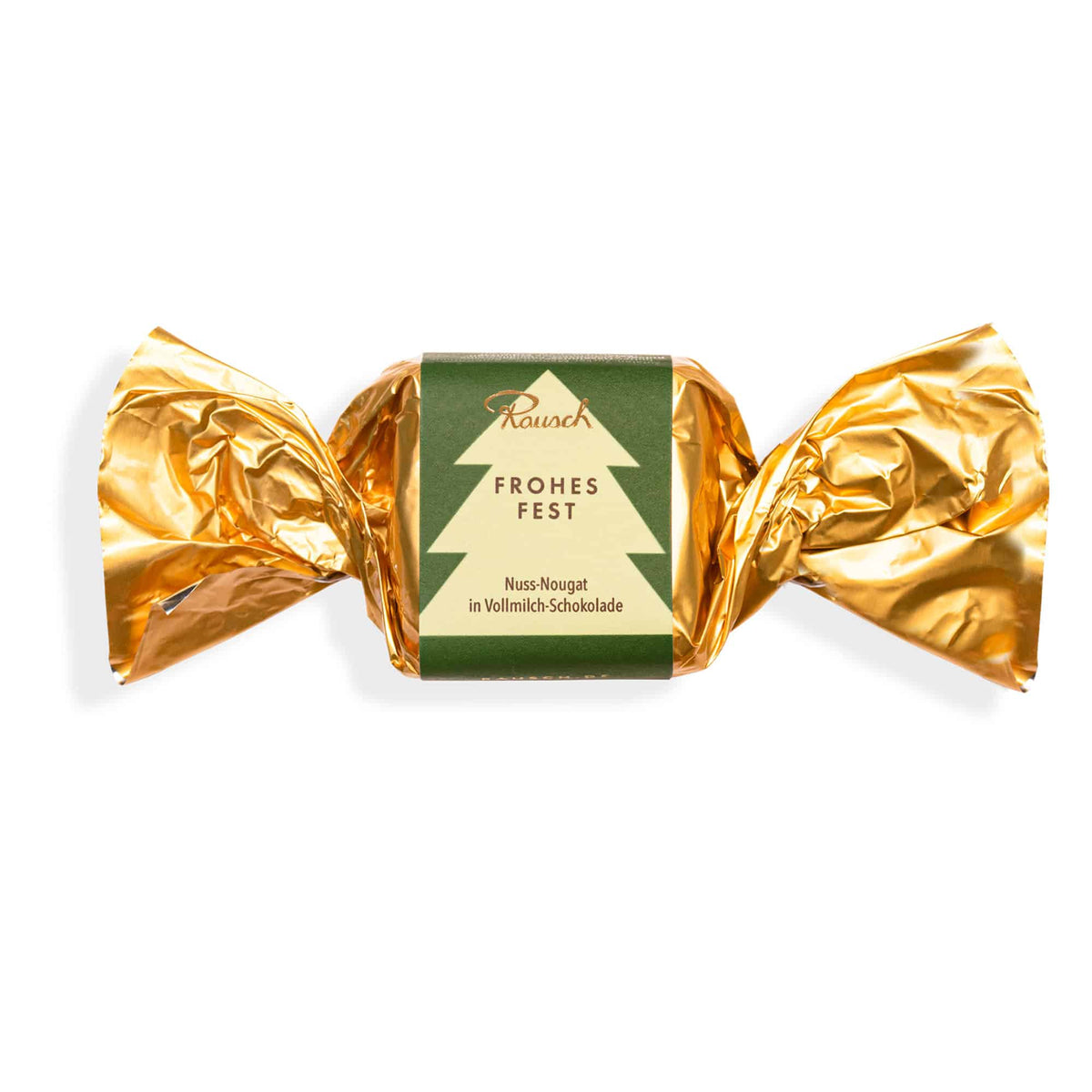 Goldenes Schokoladenbonbon mit Tannenbaum-Design, "Frohes Fest"-Aufschrift und Nuss-Nougat-Füllung von Rausch.