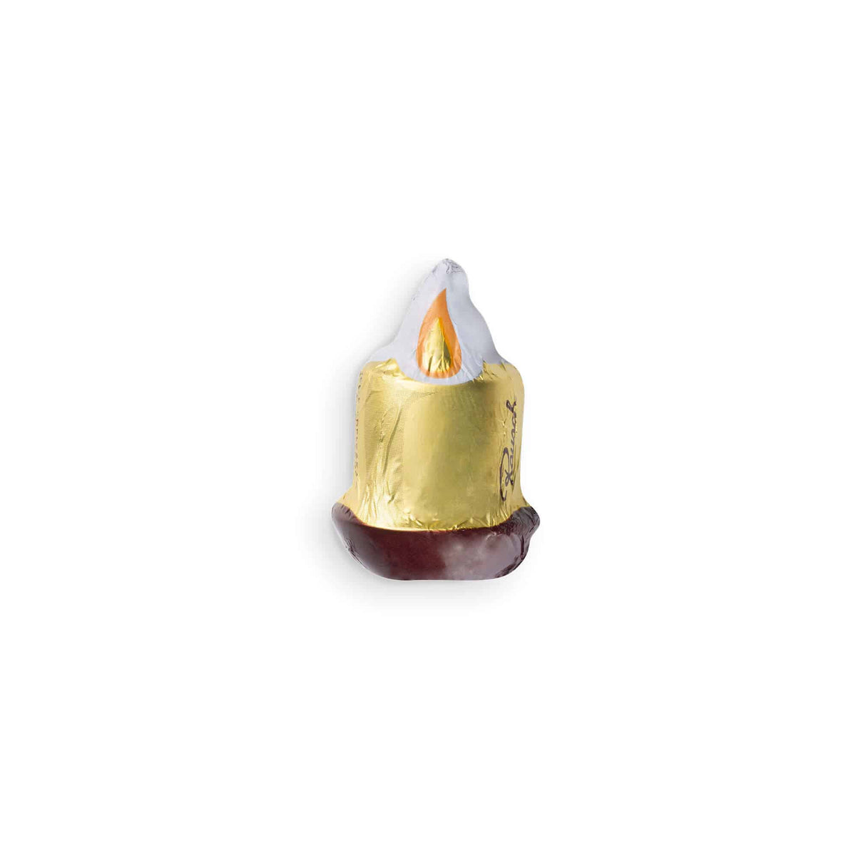 Schokoladenkerze in goldener Folie mit Flamme, auf weißem Hintergrund.