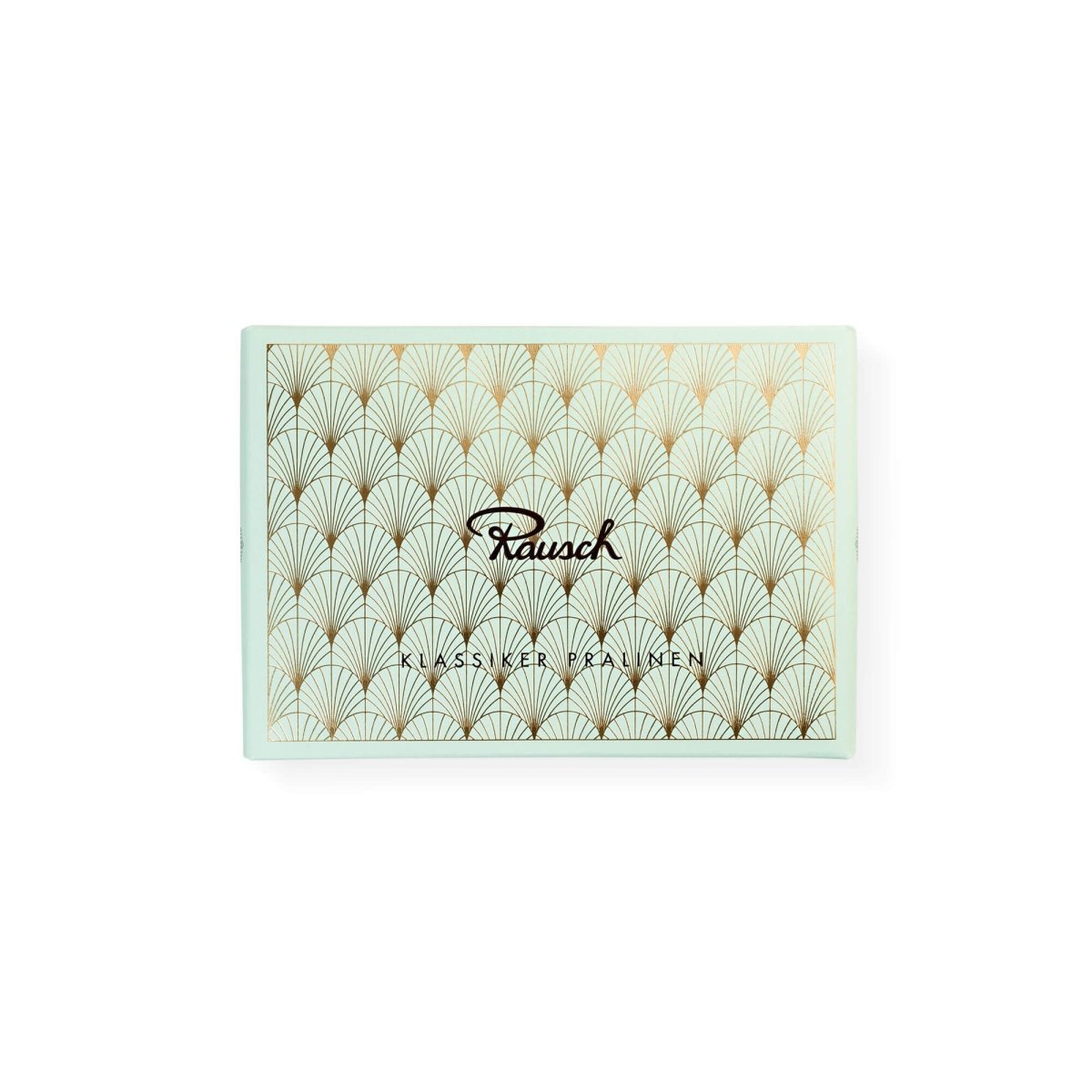 Elegante Pralinenschachtel von Rausch in hellem Design mit goldenen Mustern, beschriftet mit "Klassiker Pralinen".