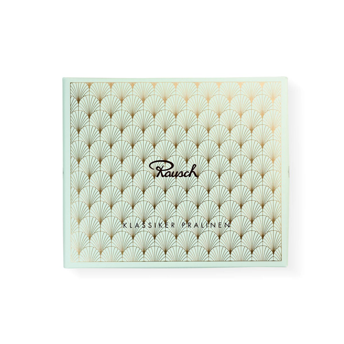 Schachtel von Rausch Klassik Pralinen, elegant mit goldenem Muster auf hellgrünem Hintergrund gestaltet.