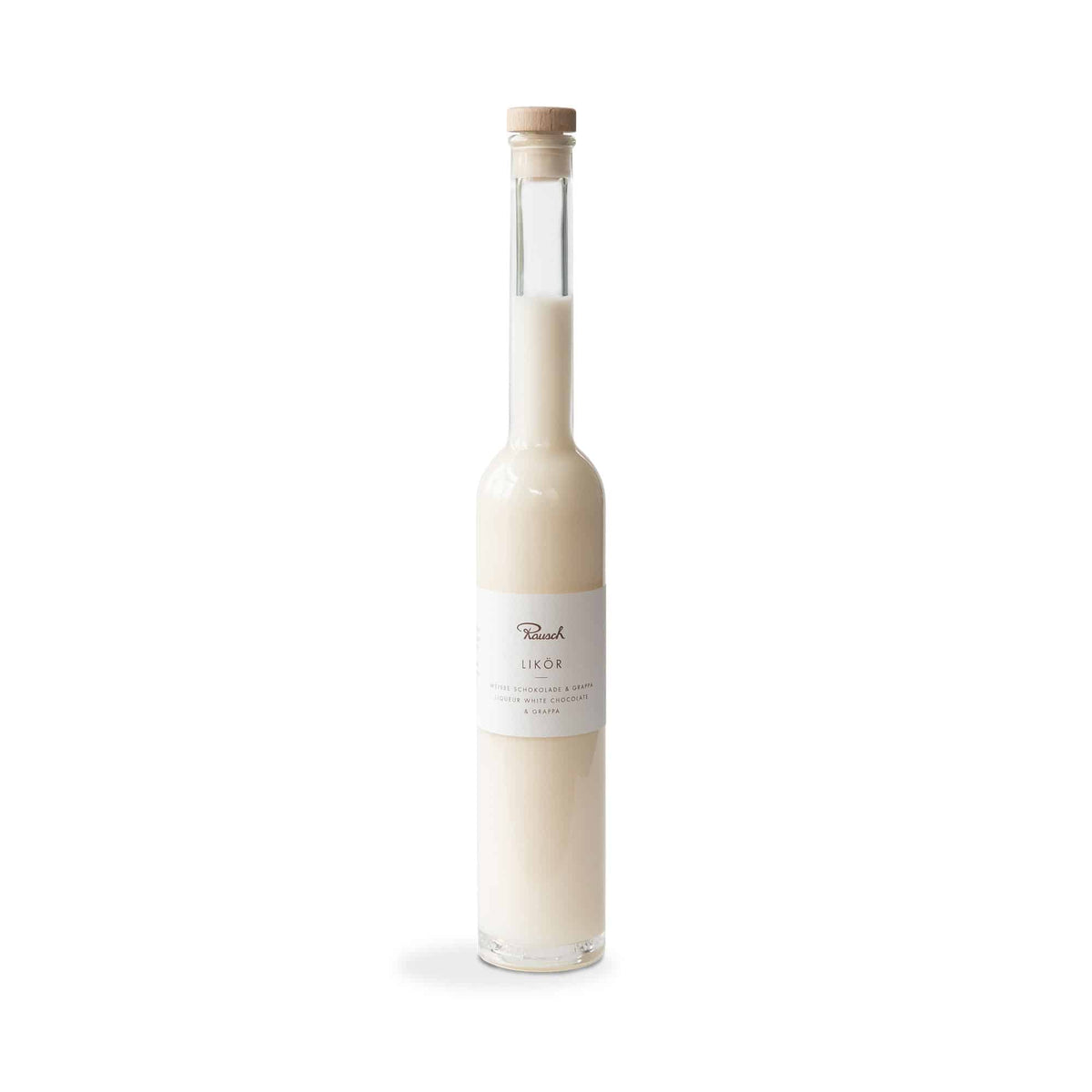 Elegante Flasche Rausch Likör aus weißer Schokolade, minimalistisch gestaltet.