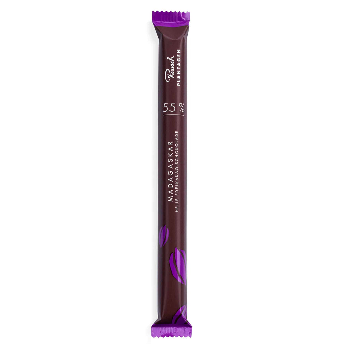 Rausch Madagaskar Stick 55% feine Edel-Schokolade in lila Verpackung.