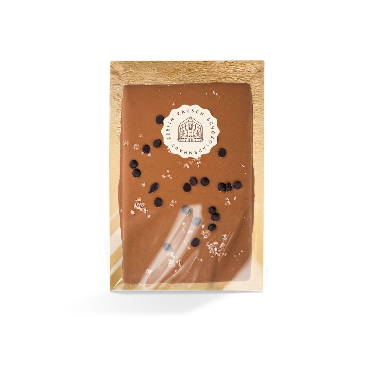 Rausch Schokolade mit Meersalz in transparenter Verpackung, dekoriert mit dunklen Schokoladenstückchen.