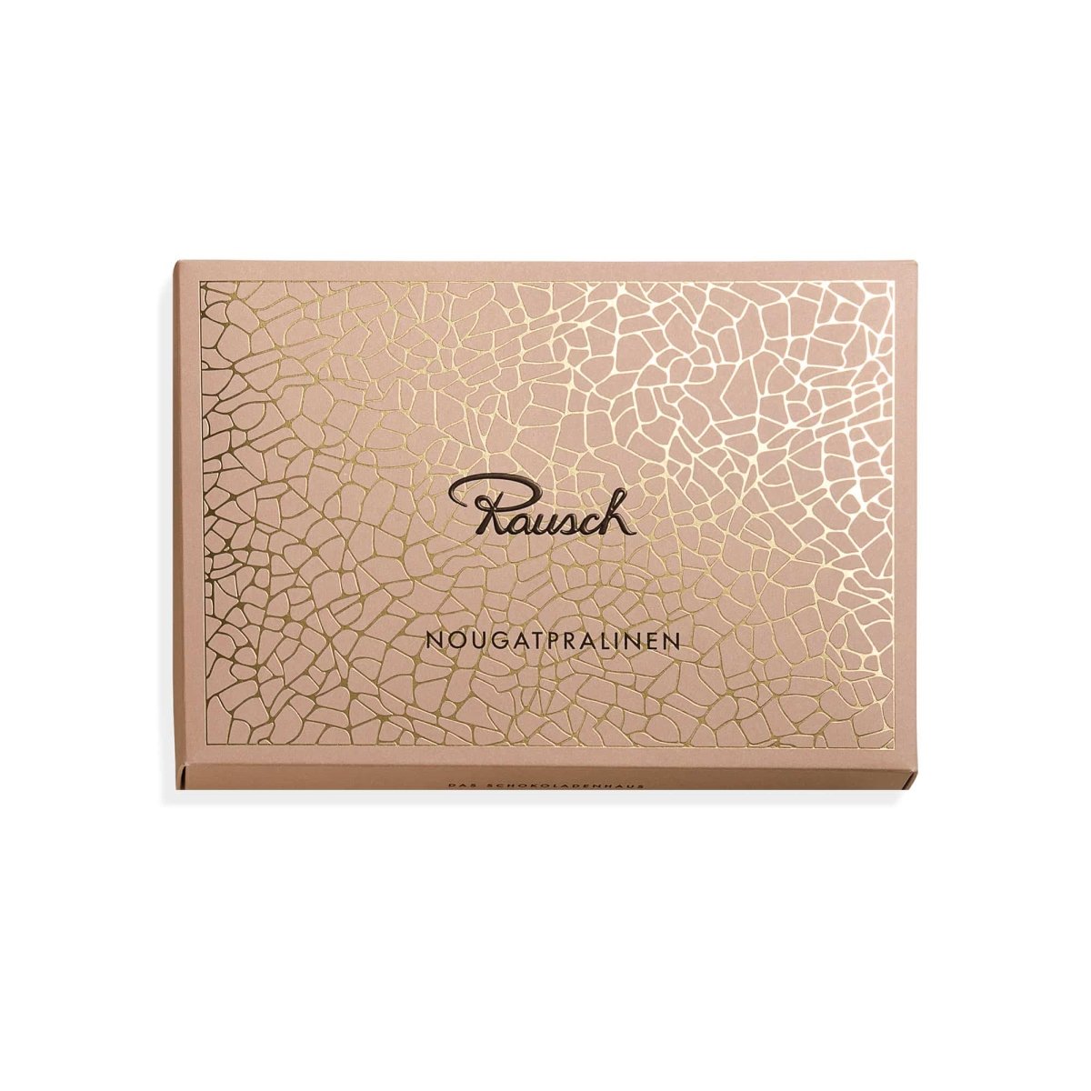 Elegante Verpackung für Rausch Nougatpralinen, beige mit goldener Musterung und Logo.